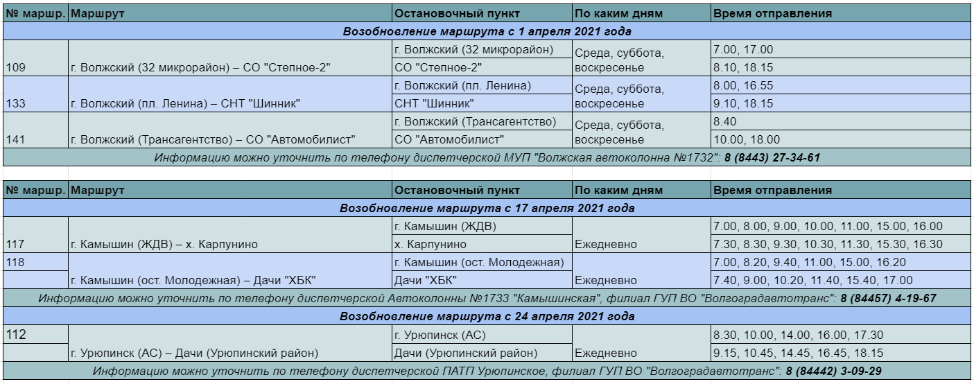 Расписание движения пригородных автобусов на период дачного сезона в 2021 году в волгоградской области
