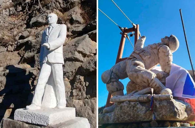 Достопримечательности итальянской коммуны - мраморная статуя Путина и памятник российскому десантнику Евгений Сучков