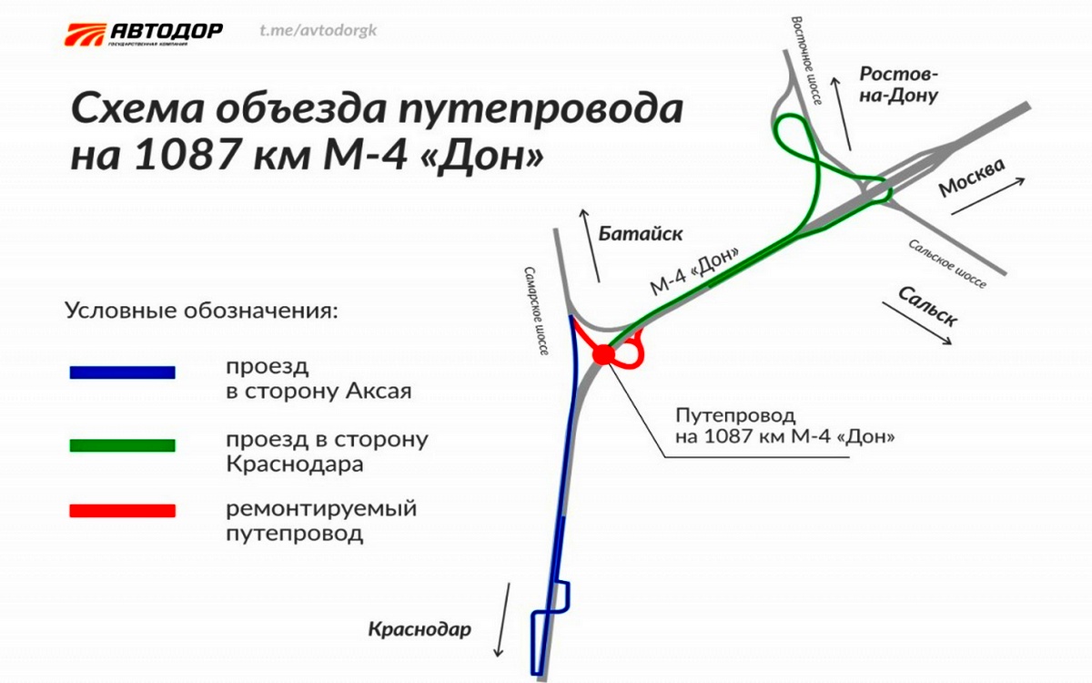 Схема объезда на трассе М-4 "Дон" возле Батайска с 15 июля 2022 года