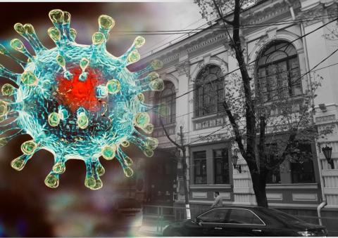 Коллаж: картинка коронавируса, здание гимназии №36 Краснодар