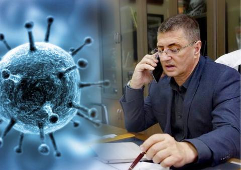Коллаж: картинка коронавируса и доктор Александр Мясников