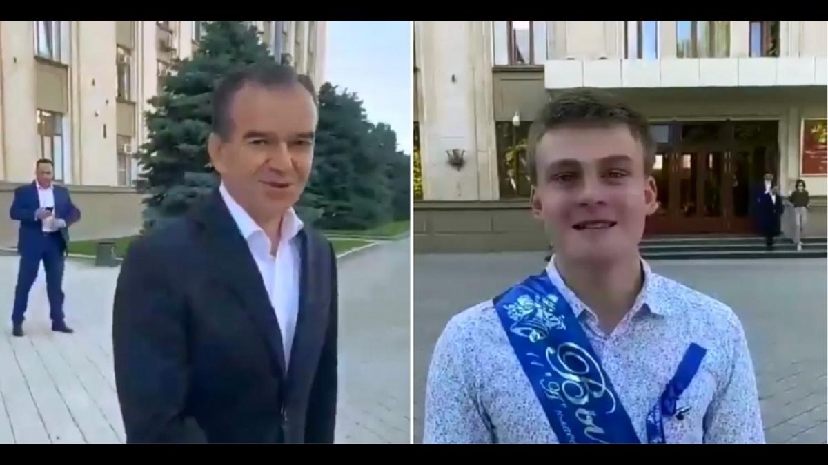 Случайный губернатор Вениамин Кондратьев «Мы без масок, правда»: Вениамин Кондратьев пожал руку случайному школьнику