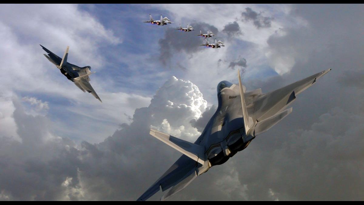 истребители F-22, Су- 27 и Су-57 в воздухе картинка истребители картинка