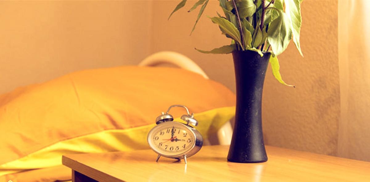 Тумбочка возле кровати в пансионате с часами и вазой с цветами